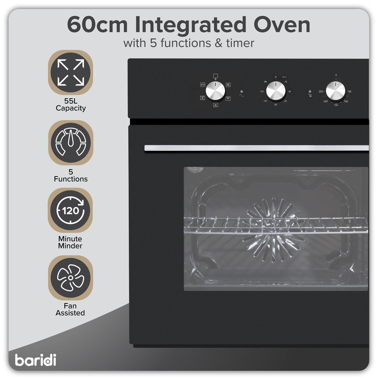 Sealey DH110 Baridi Built-In 5-Function Fan Assisted Oven with Timer 60cm, 55L Capacity