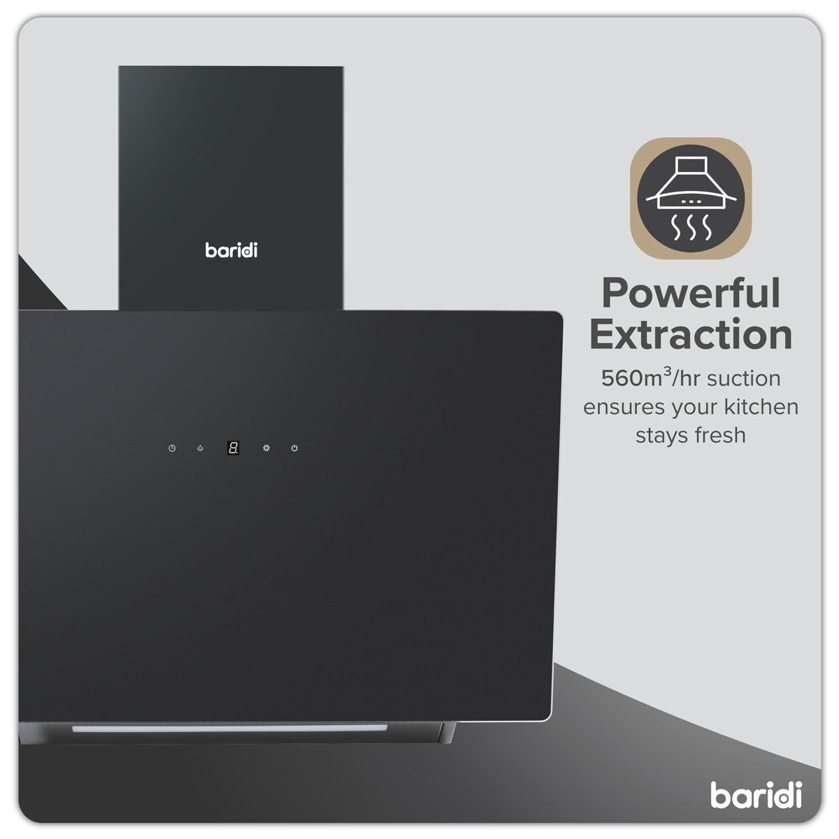 Sealey DH105 Baridi Angled Chimney Cooker Hood with Touch Controls & Carbon Filters 60cm Black Glass