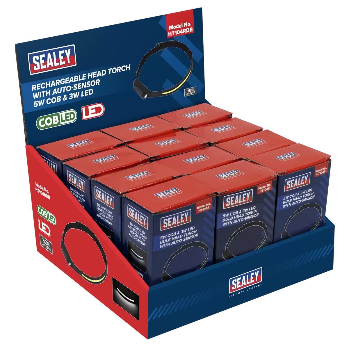 Sealey HT104RDB Rechargeable Head Torch with Auto-Sensor 5W Cob & 3W Led Display Box of 12