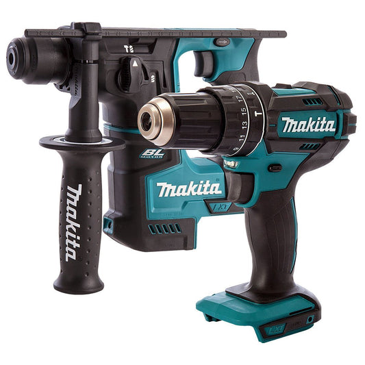 Makita 18V 2 Speed Combi Drill & SDS+ Brushless 17mm Rotary Hammer Drill T4TKIT-457