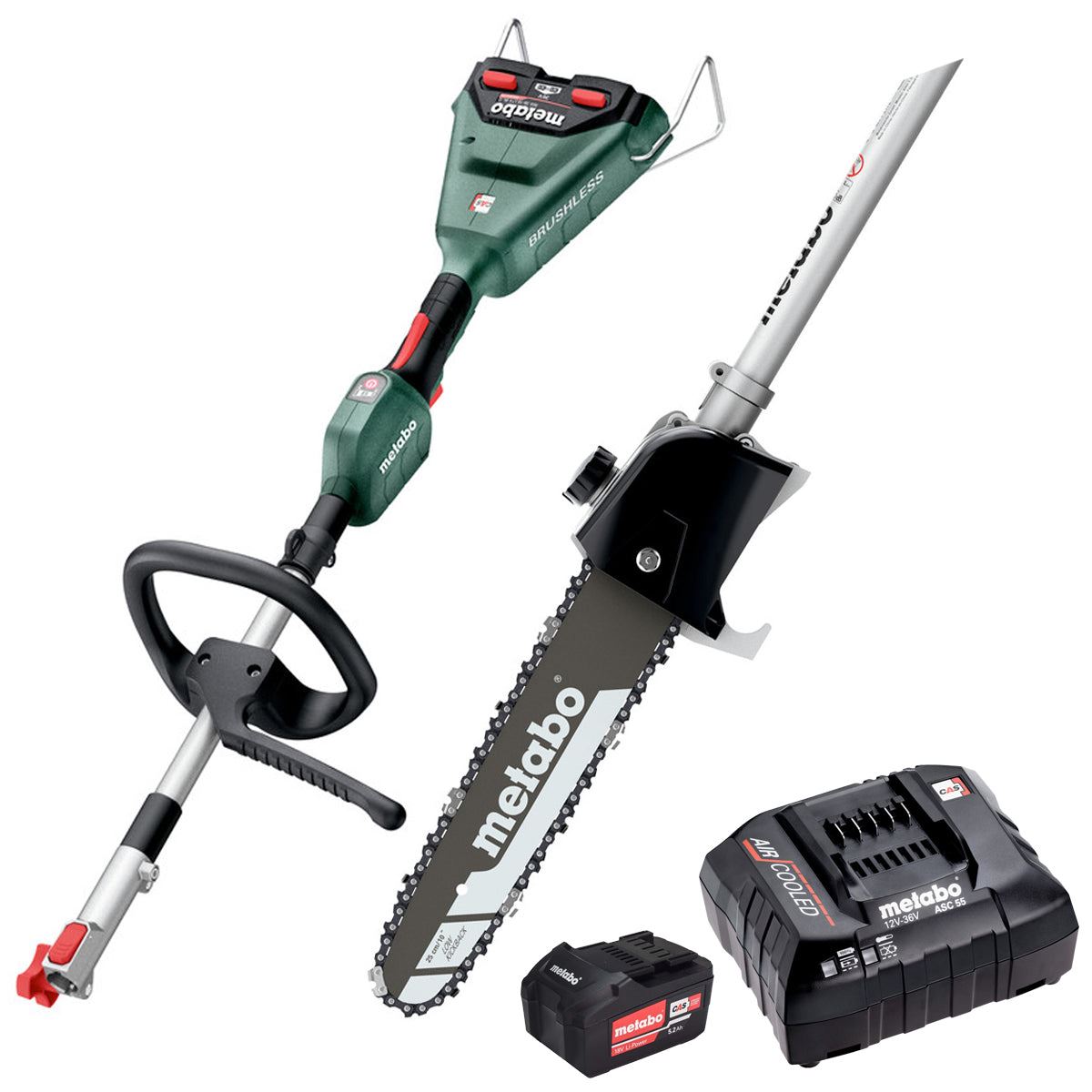 Metabo MA 36-18 LTX BL Q 36V Brushless Split Shaft Multi Tool with Telescopic Pole Chainsaw Attachment & 1 x 5.2Ah Battery, Charger