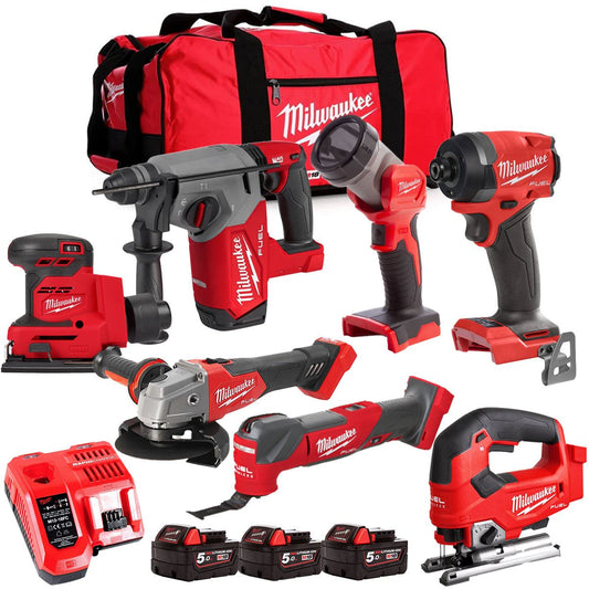 Milwaukee M18FPP6L3-503BK6 18V Brushless 7 Piece Tool Kit with 3 x 5.0Ah Batteries Charger & Wheeled Bag