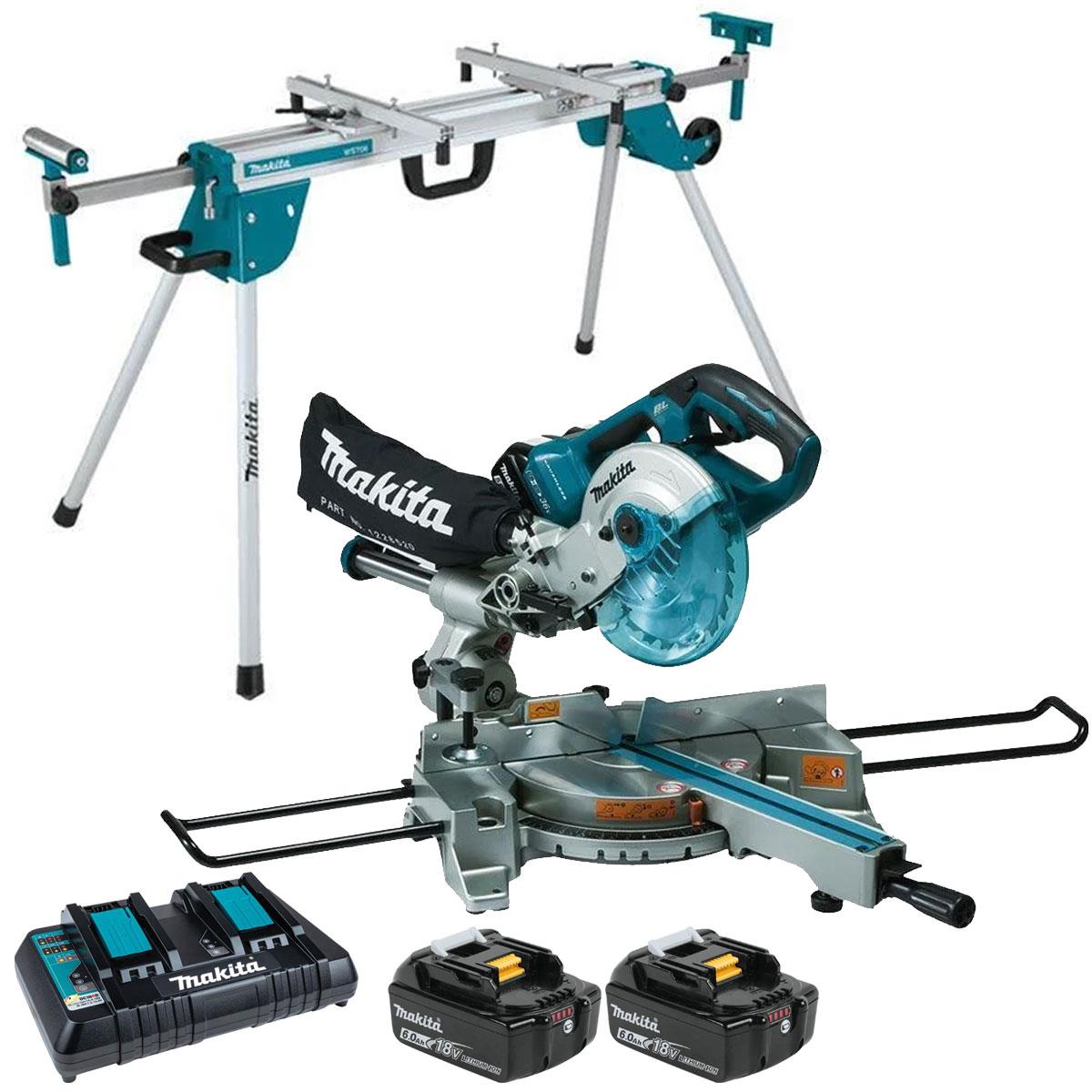 Makita DLS714NZ 36V LXT Brushless 190mm Slide Compound Mitre Saw with 2 x 6.0Ah Battery, Charger & Mitre Saw Stand