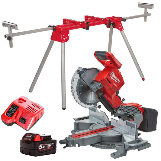Milwaukee M18FMS254-0 18V FUEL Brushless 254mm Compound Mitre Saw with 1 x 5.0Ah Battery Charger & Extendable Saw Stand
