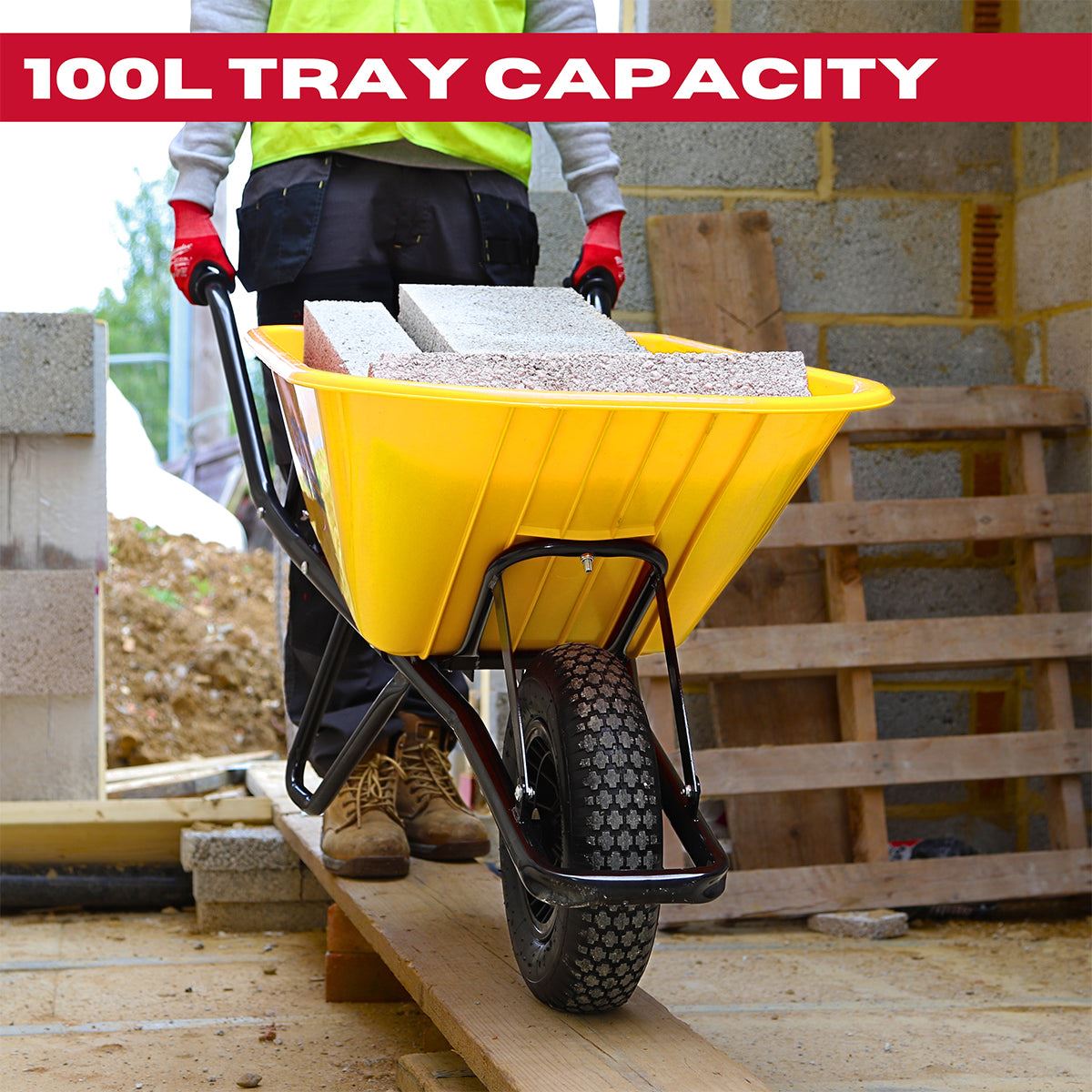 Excel Heavy Duty Wheelbarrow with 100L HDPE Tray Yellow