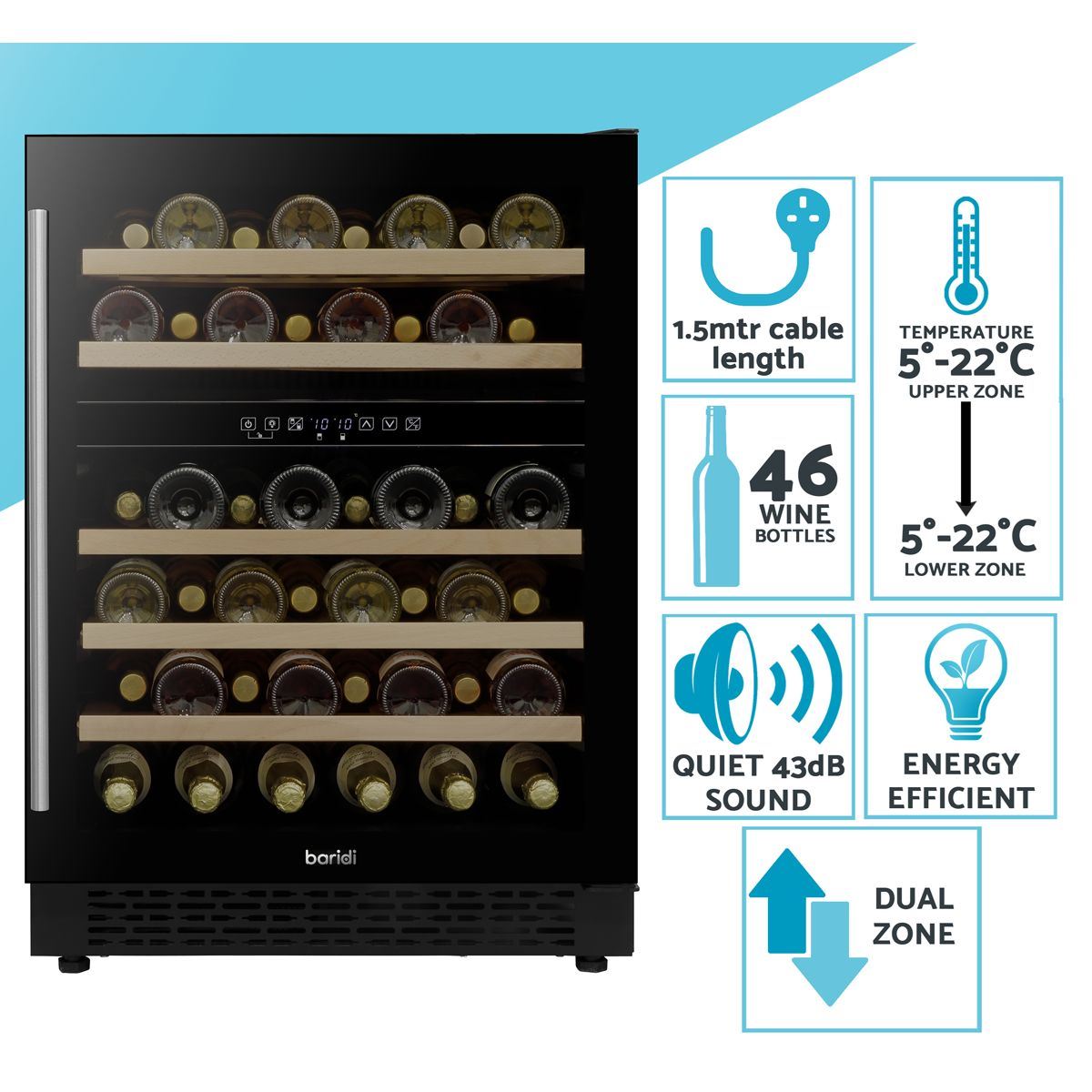 Sealey DH79 Baridi 46 Bottle Under-Counter/Freestanding Dual Zone Fridge & Cooler 60cm 230V