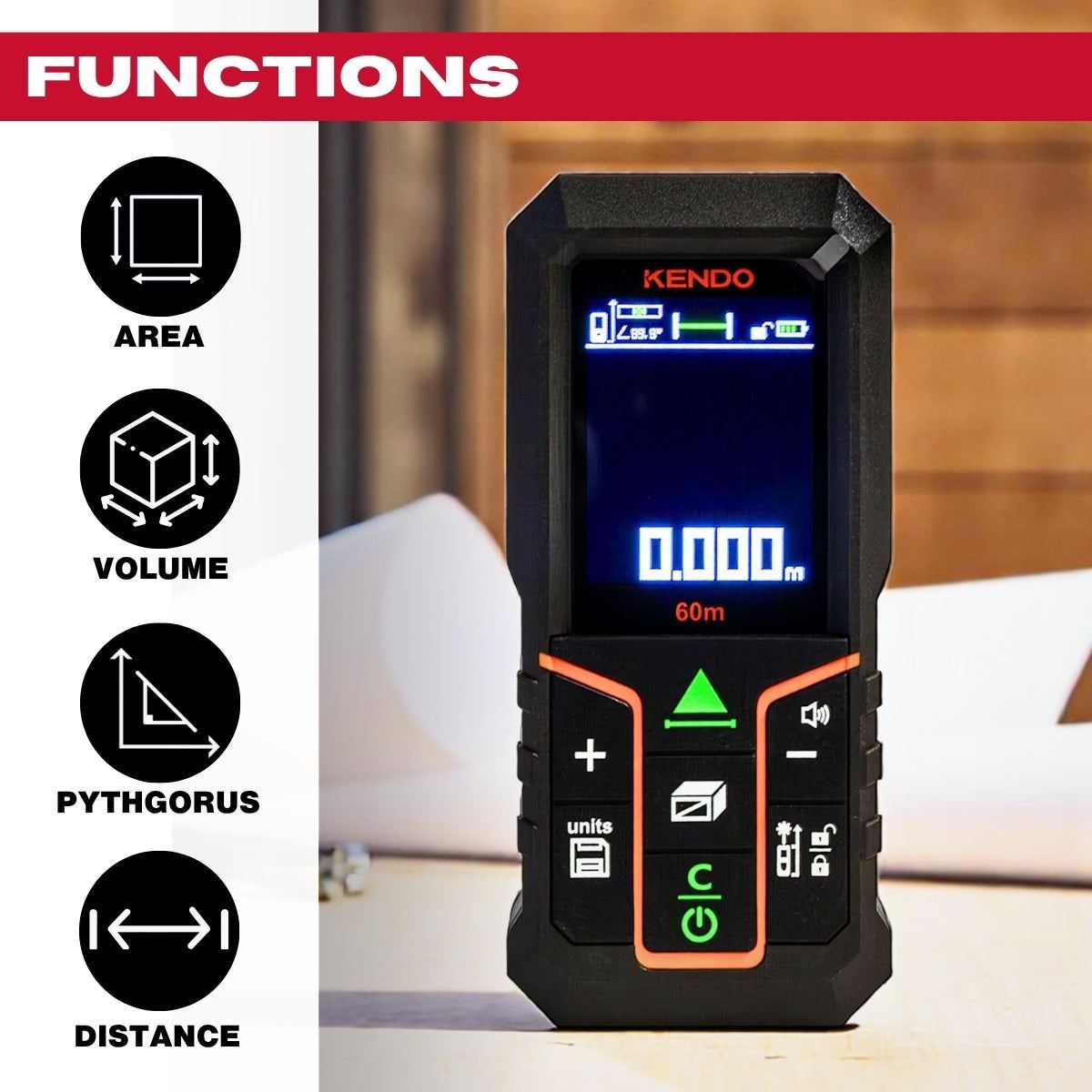 Kendo 60m Laser Distance Meter with Rechargeable Battery & LCD Display