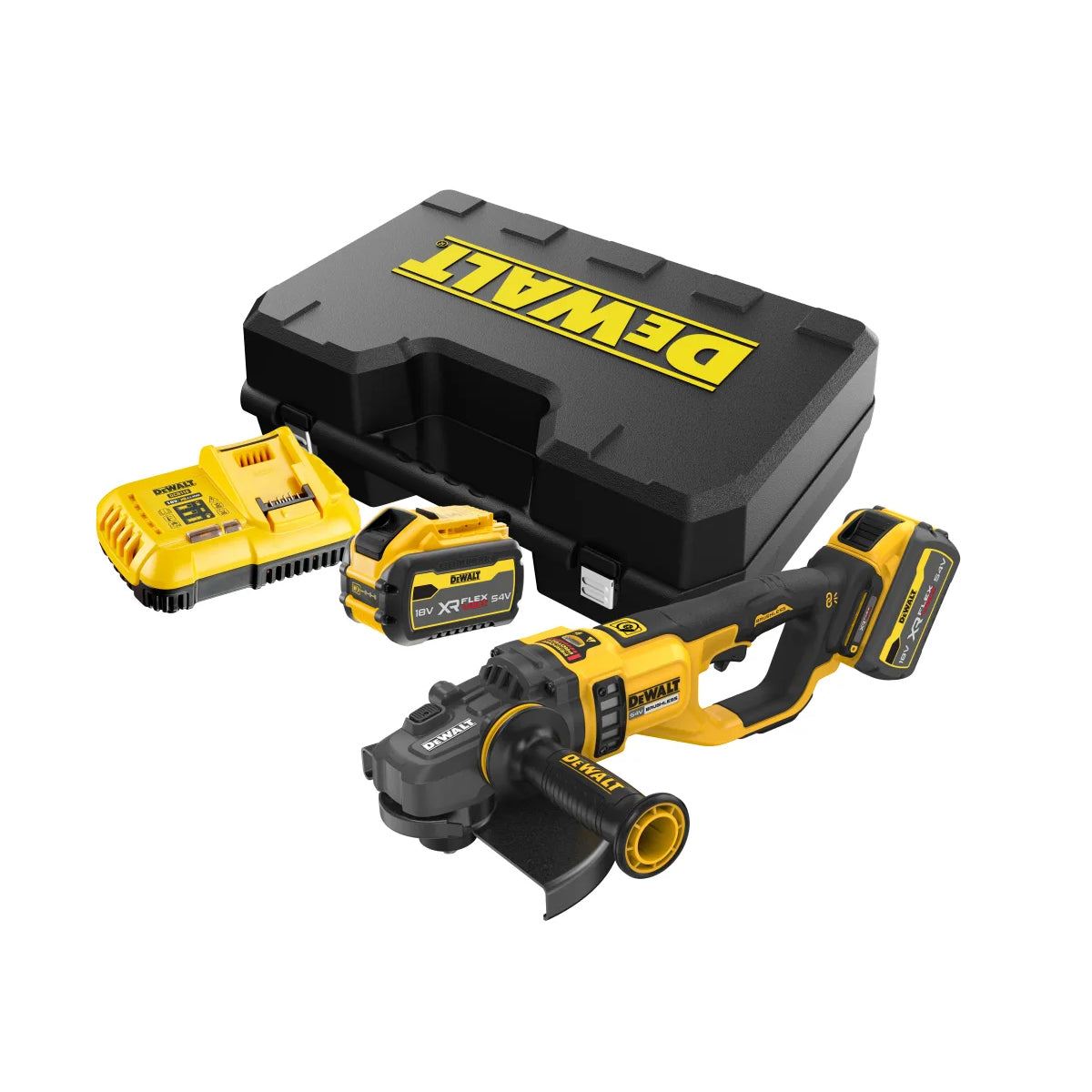 DeWalt DCG460X2 54V Brushless FlexVolt 230mm Angle Grinder with 2 x 9.0/3.0Ah Batteries, Charger & Case
