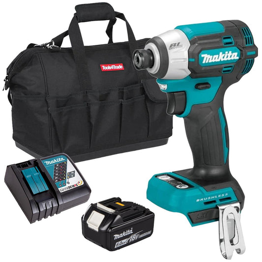 Makita DTD158Z 18V LXT Brushless 1/4" Impact Driver with 1 x 6.0Ah Battery Charger & Bag
