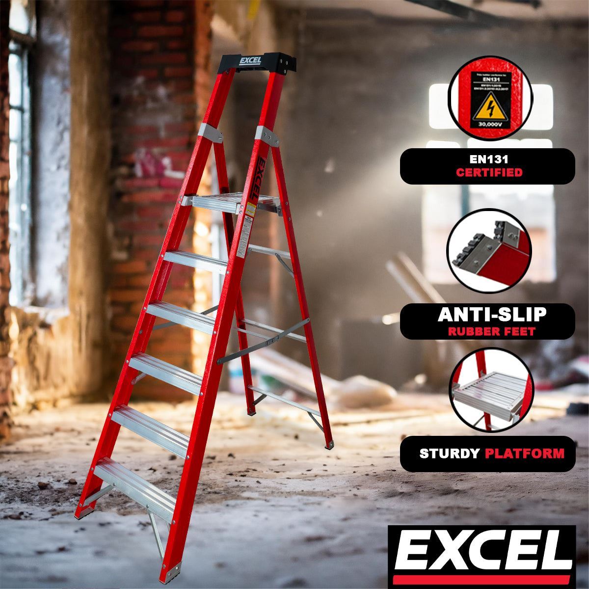 Excel Electricians Fibreglass Platform Step Ladder 6 Tread 2.04m EN131