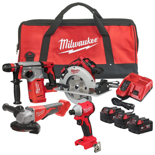 Milwaukee M18BLPP4A2-503B 18V Brushless 4 Piece Tool Kit with 3 x 5.0Ah Battery Charger & Tool Bag 4933499432