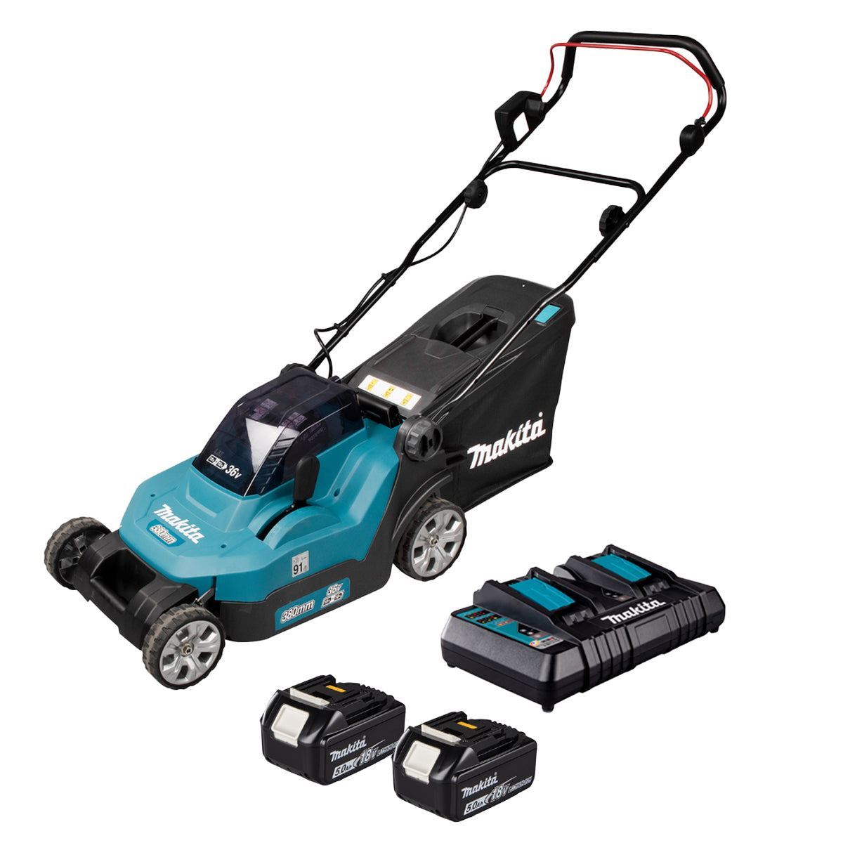Makita DLM382PT2 36V LXT Cordless 38cm Lawn Mower With 2 x 5.0Ah Batteries & Charger