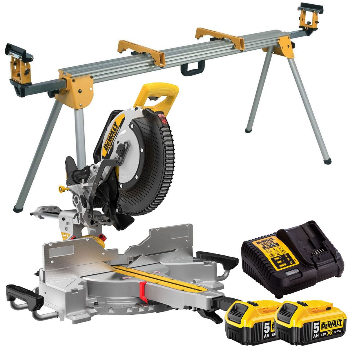 DeWalt DCS782N-XJ 18V XR Brushless Mitre Saw with 2 x 5.0Ah Battery Charger & Universal Leg Stand - DE7023