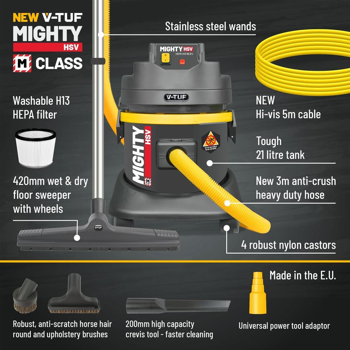 V-TUF MIGHTY HSV 21L M-Class Industrial Dust Extraction Wet & Dry Vacuum Cleaner 240V