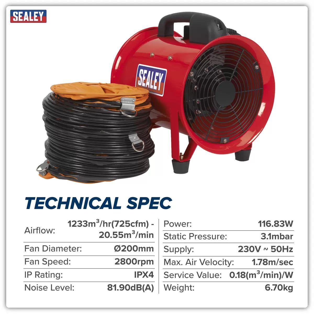 Sealey VEN200 Portable Ventilator with 5m Ducting 200mm
