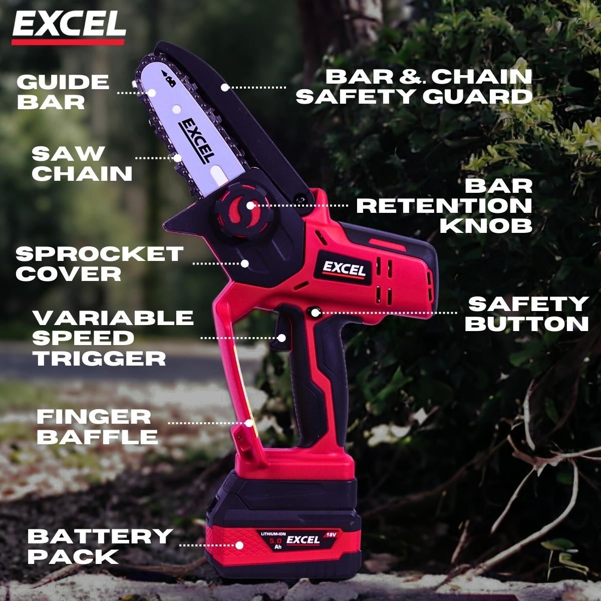 Excel 18V Cordless Mini Chain Saw with 2 x 5.0Ah Battery & Charger