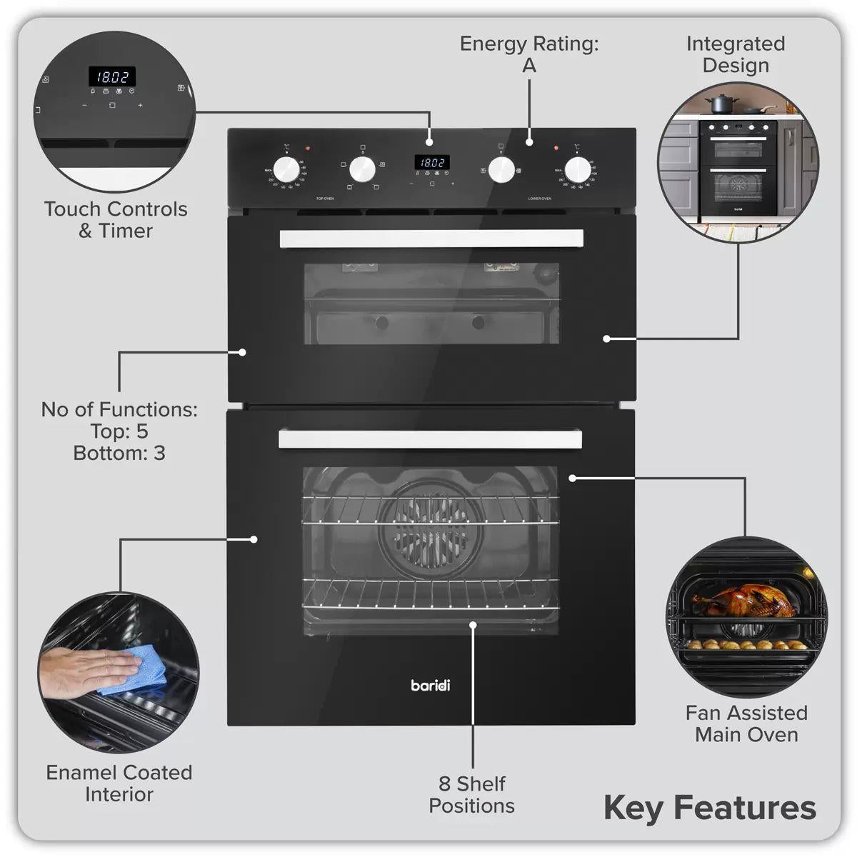 Sealey DH278 Baridi 72cm Built-Under Double Oven, 74L Capacity, Energy Rating A Black 240V