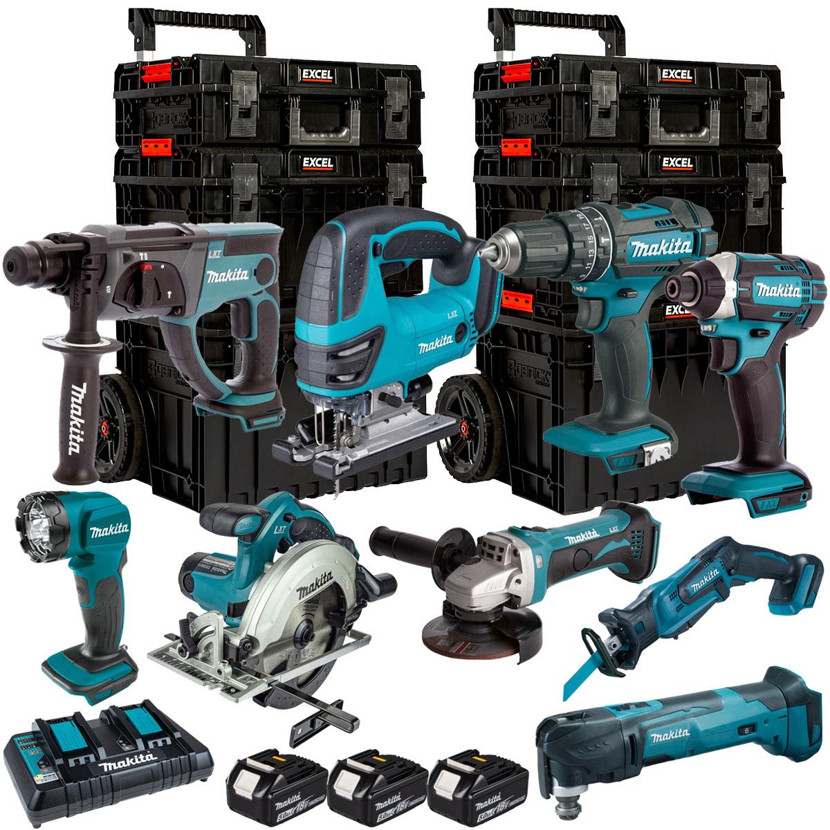 Makita 18V 9 Piece Combo Kit with 3 x 5.0Ah Battery, Charger & 3 Piece Modular Tool Box T4TKIT-24401