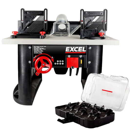 Excel Table Router Cutter 240V/1500W Black with 1/4in Shank TCT Router Cutter Bit 12 Piece Set