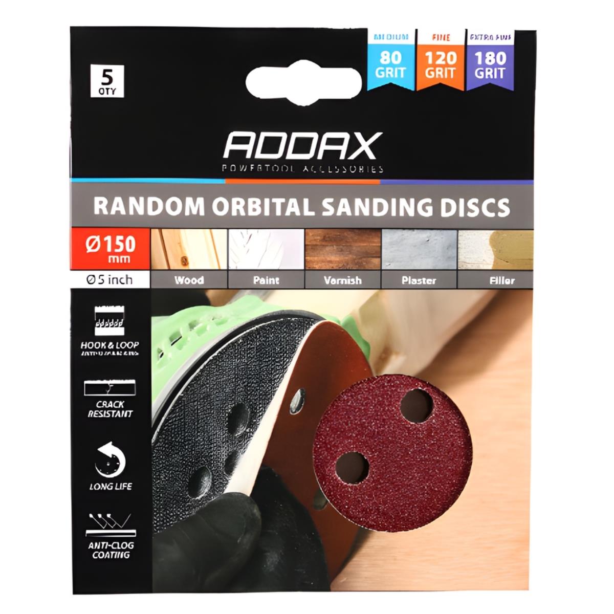 Timco 150mm Random Orbital Sanding Discs 80/120/180 Grit Mixed Pack of 5 - 231859