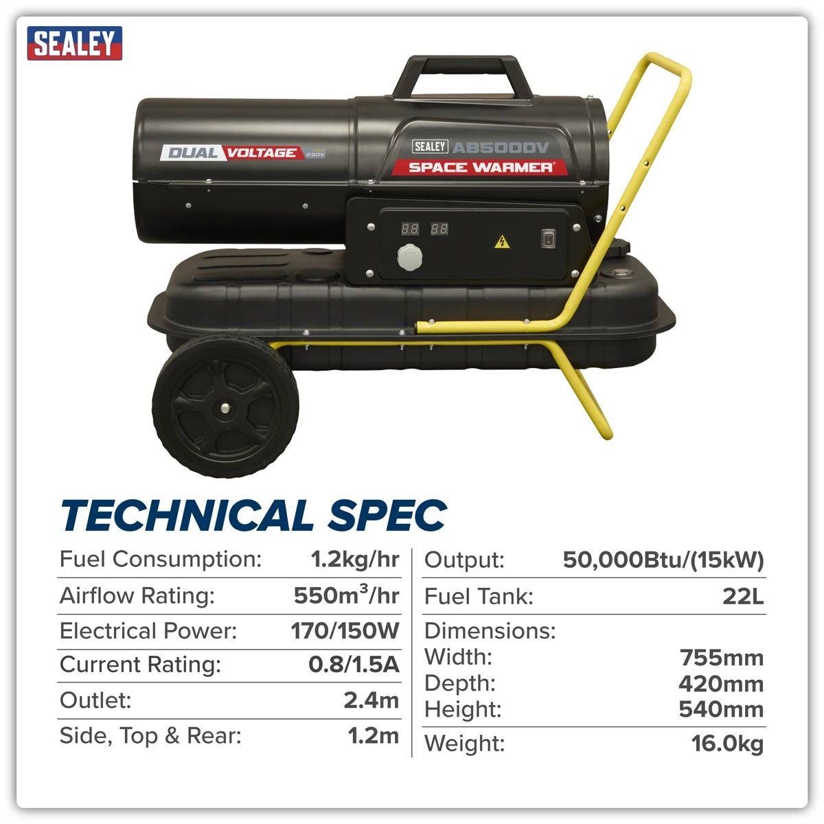 Sealey AB500DV Dual Voltage Kerosene/Diesel Space Warmer Heater with Wheels 230V/15kW