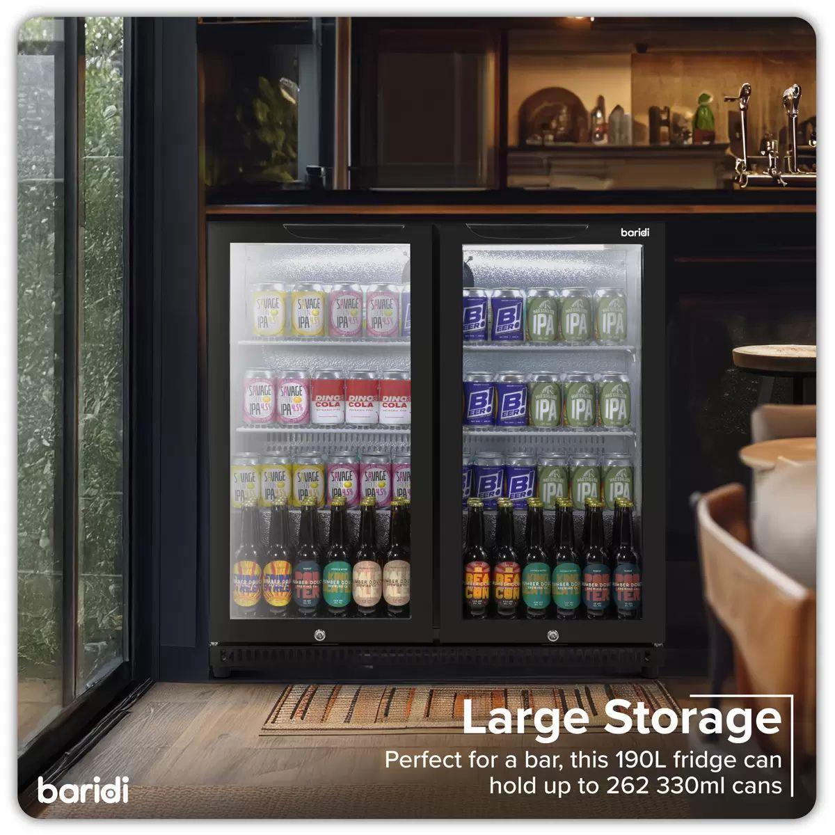 Sealey DH272 Baridi Bar Drinks Fridge/Cooler with Double Hinged Door & Security Lock 190L Black 240V