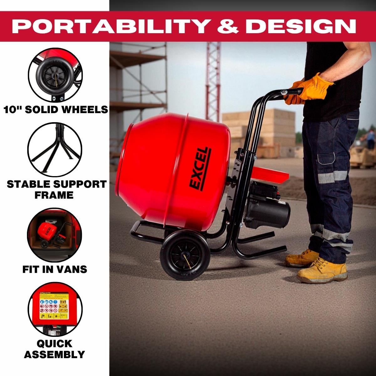 Excel 134L Portable Cement Mixer 240V/370W with Wheels & 100L Wheelbarrow Green HDPE Tray