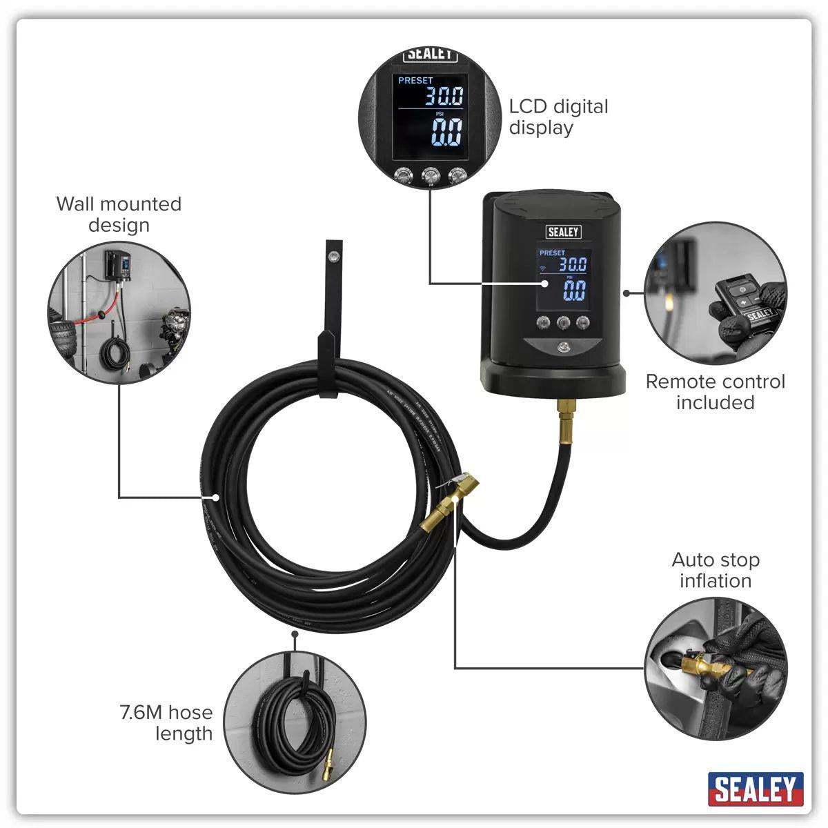Sealey SA450 Wall Mounting Tyre Inflator Digital 230V/10W