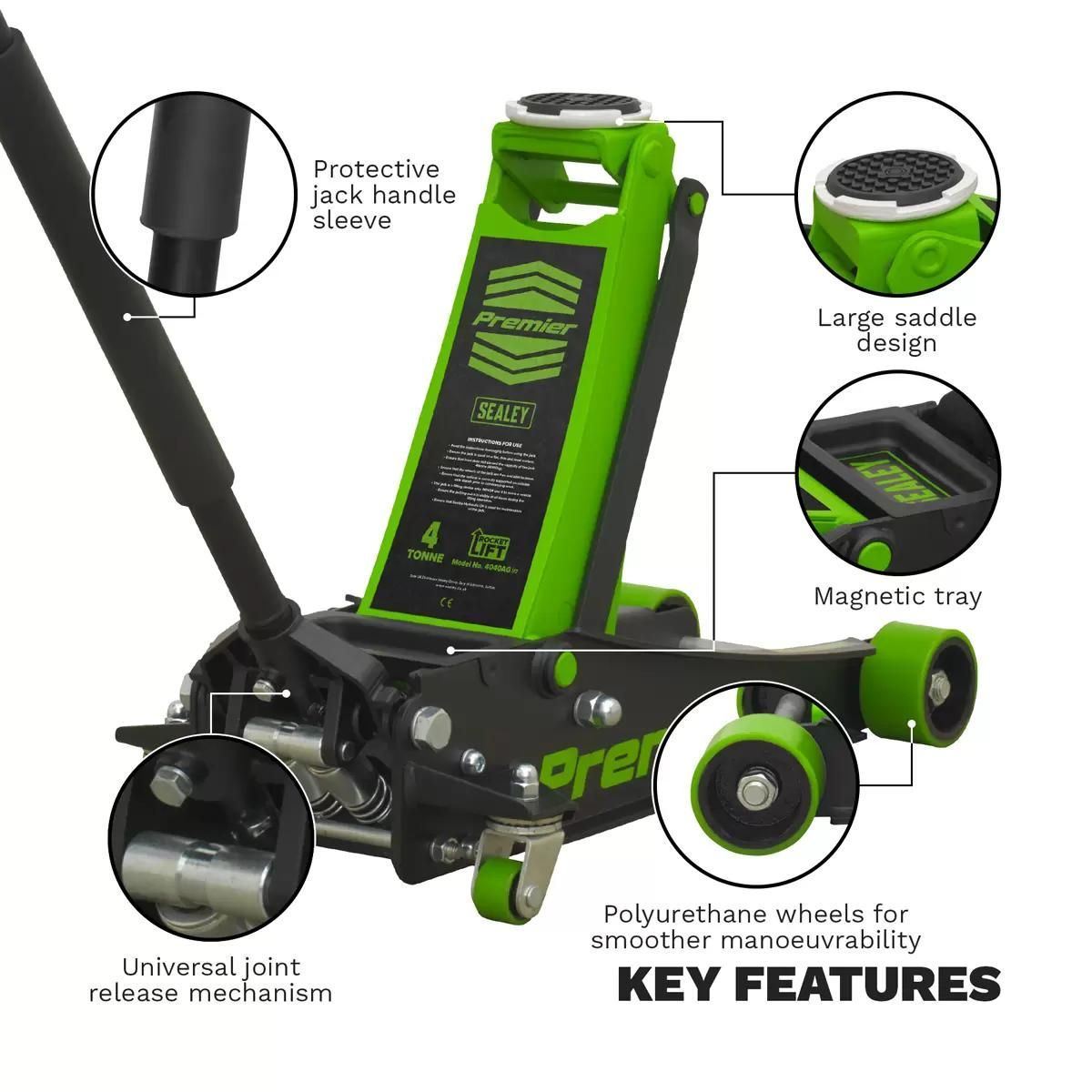 Sealey 4040AG Trolley Jack 4 Tonne Rocket Lift Green Car Van Garage