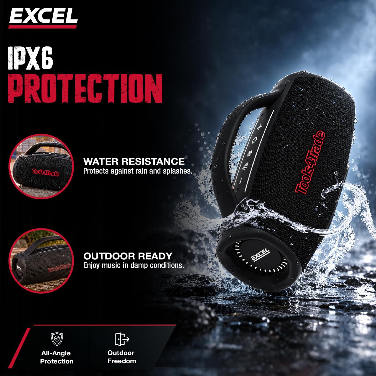 Excel Jobsite Bluetooth Speaker 40-70W IPX6 Waterproof with Auracast