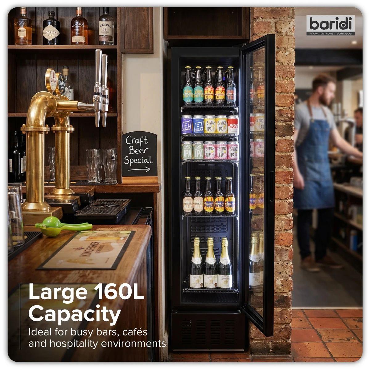 Sealey DH440 Baridi Tall Drinks/Bar Fridge with Digital Controls & Auto Defrost 160L Black