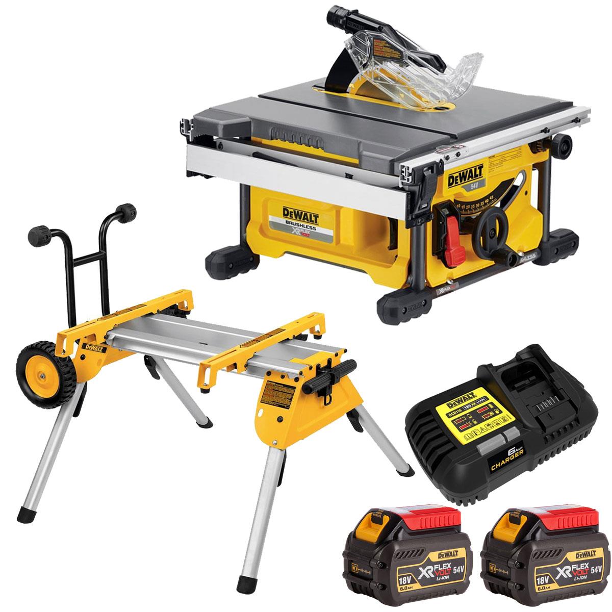 Dewalt DCS7485N 54V XR Flexvolt Brushless 210mm Table Saw with 2 x 6.0 Battery Charger & Rolling Stand