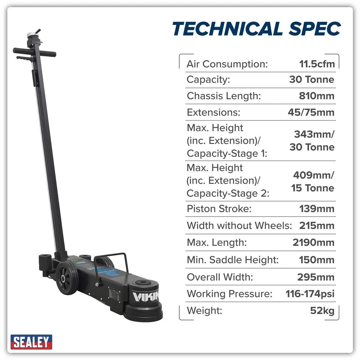 Sealey YAJ15-30LE Long Reach/Low Profile Air Operated Telescopic Jack 15-30 Tonne