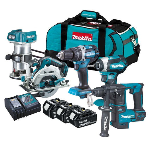 Makita 18V 5 Piece Brushless Power Tool Kit with 3 x 5.0Ah Battery Charger & Wheeled Tool Bag T4TKIT-4244