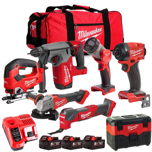 Milwaukee M18FPP6L3-503BK29 18V 7 Piece Tool Kit with 3 x 5.0Ah Batteries Charger & Wheeled Bag