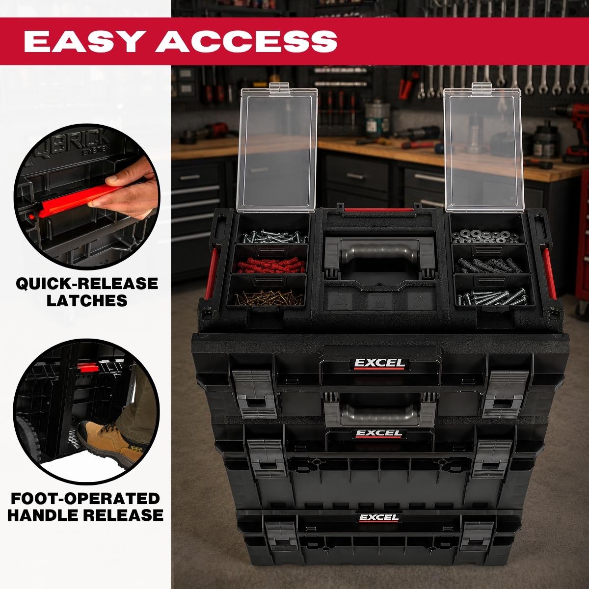 Excel Modular Stackable Tool Box Heavy Duty Mobile Storage 3 Piece Set with Wheels