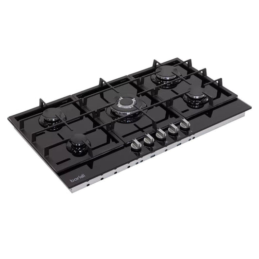 Sealey DH383 Baridi 90cm Gas Hob Black Glass with 5 Burners, Cast Iron Supports & Auto Ignition 11kW/230V