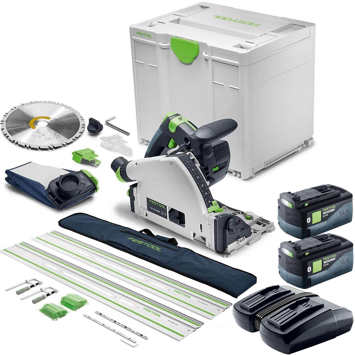 Festool TSC 55 KSEB-Basic 18V Brushless 160mm Plunge Cut Saw 577988 with 2 x 5.0Ah Battery & Guide Rail Kit Set