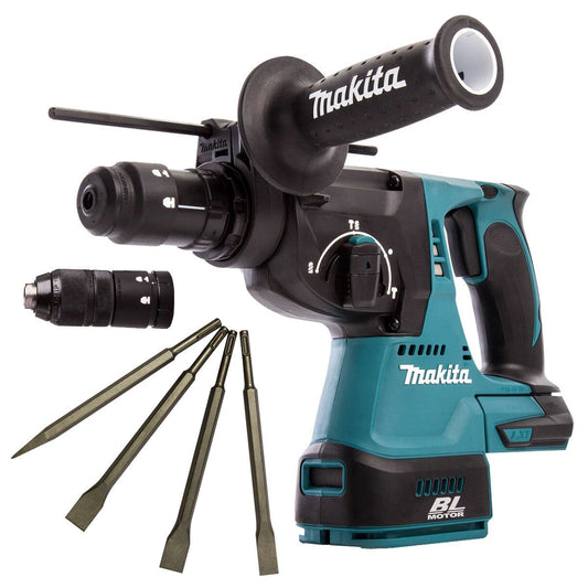 Makita DHR243Z 18V LXT Brushless 24mm SDS+ Rotary Hammer Drill With 4 Piece Chisel Set