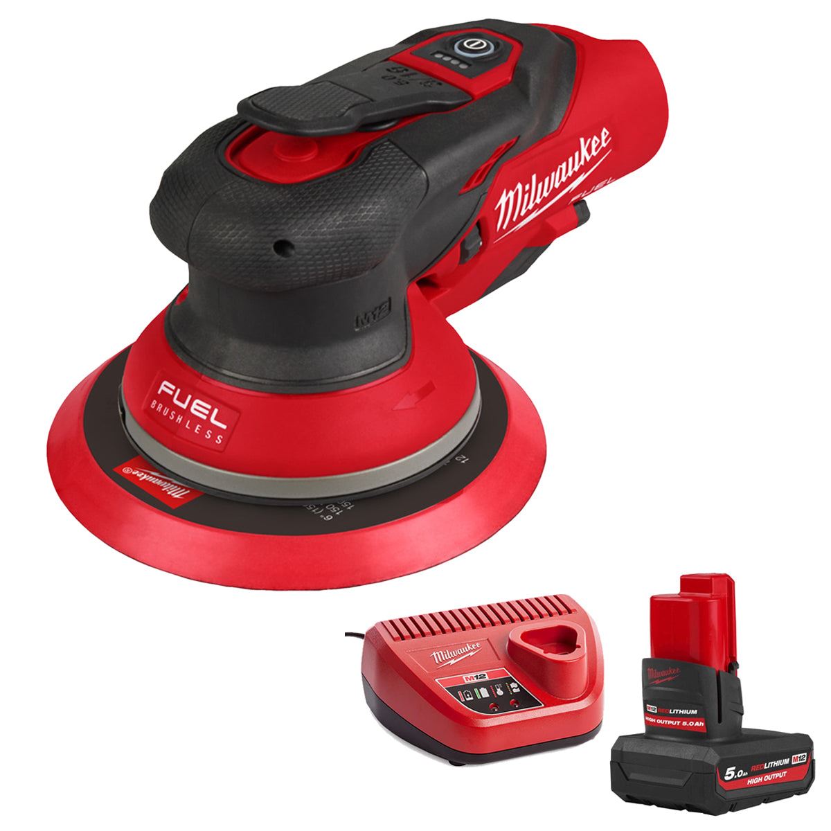Milwaukee M12FROS5-0 12V FUEL Brushless 150mm Random Orbit Sander with 1 x 5.0Ah Battery & Charger