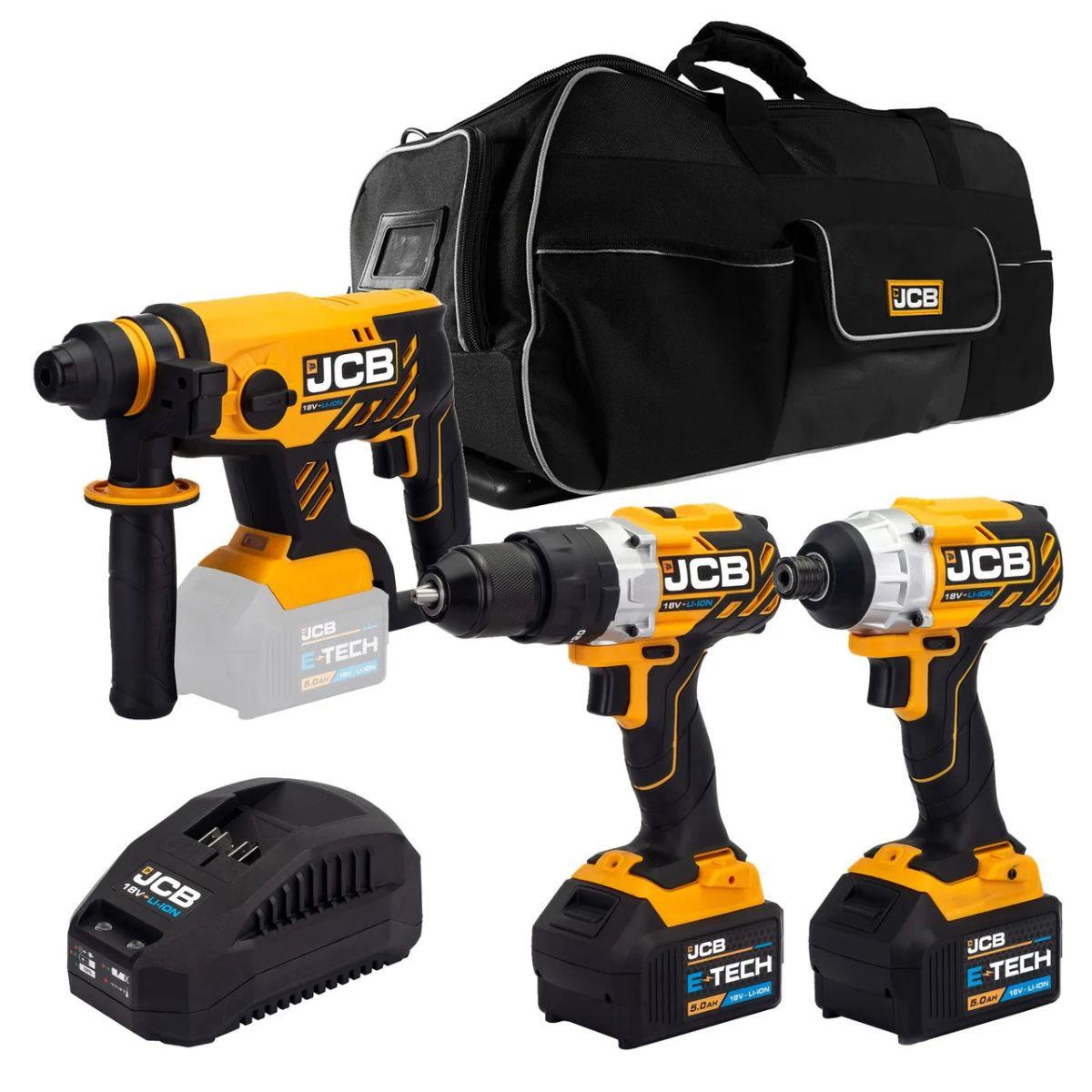 JCB 21-18BL3PK-5 18V Brushless Combi Drill, Impact Driver & Hammer Drill Kit With 2 x 5Ah Li-Ion Batteries, Charger & Kit Bag