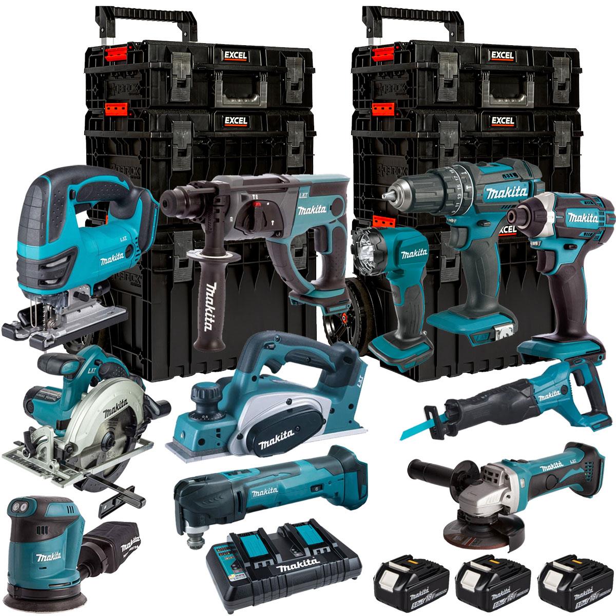 Makita 18V 11 Piece Power Tool Kit with 3 x 5.0Ah Battery, Charger & 3 Piece Modular Tool Box