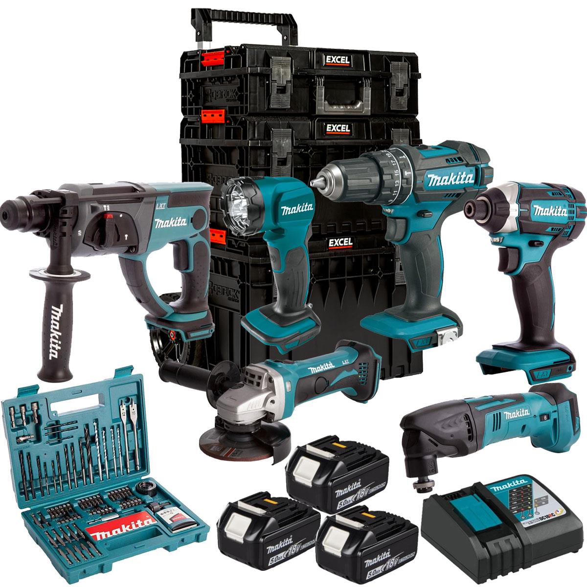 Makita 18V 6 Piece Kit with 3 x 5.0Ah Battery, Charger, 100 Accessory Set & 3 Piece Modular Tool Box T4TKIT-24399