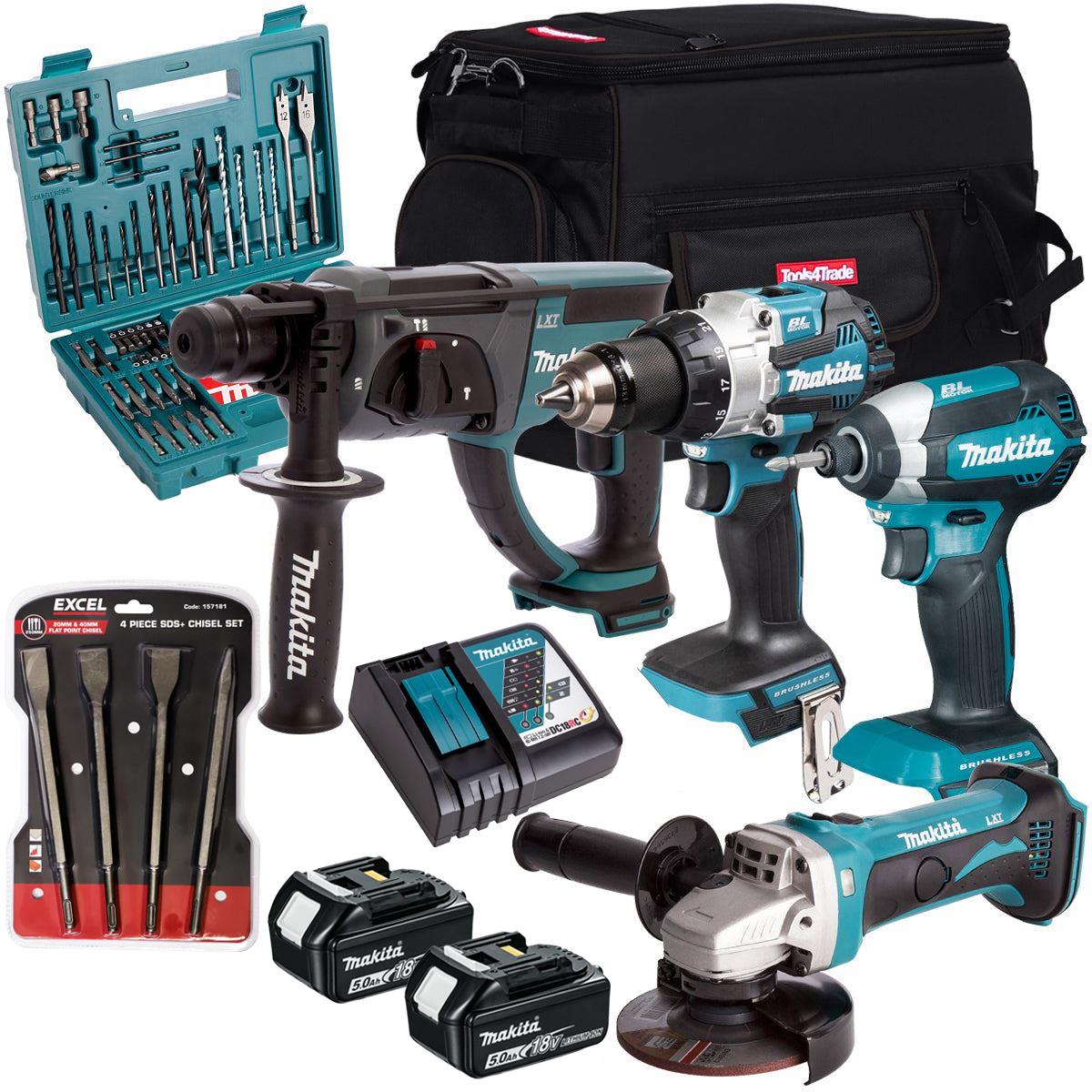 Makita 18V 4 Piece Combo Kit with 2 x 5.0Ah Battery Charger & Accessories Set T4TKIT-17235