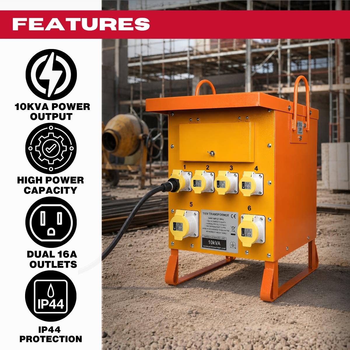 Connexion 10kVA Site Transformer 110V Single Phase with 4 x 16A, 2 x 32A Outlets IP44 Rated - 10963