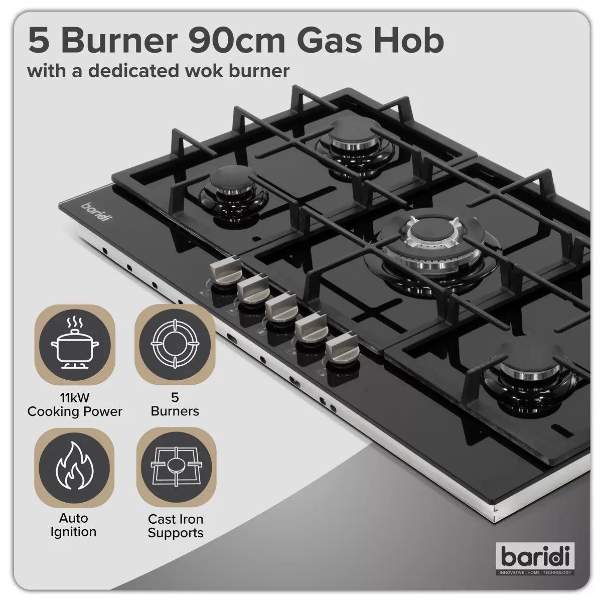 Sealey DH383 Baridi 90cm Gas Hob Black Glass with 5 Burners, Cast Iron Supports & Auto Ignition 11kW/230V