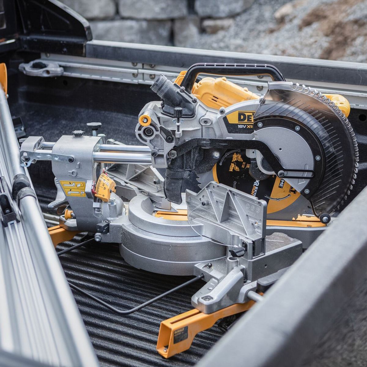 DeWalt DCS782N-XJ 18V XR Brushless Mitre Saw with 2 x 5.0Ah Battery Charger & Universal Leg stand