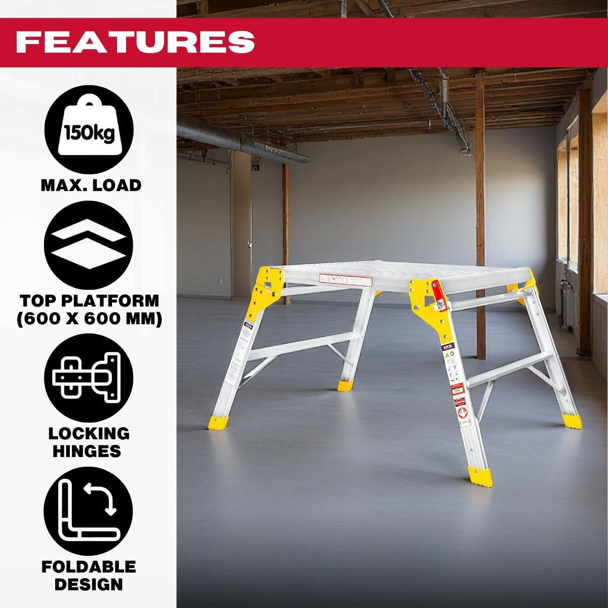Excel Heavy Duty Aluminium Platform Work Bench Folding Hop Up 600mm x 600mm Item Condition Box Opened Never Used