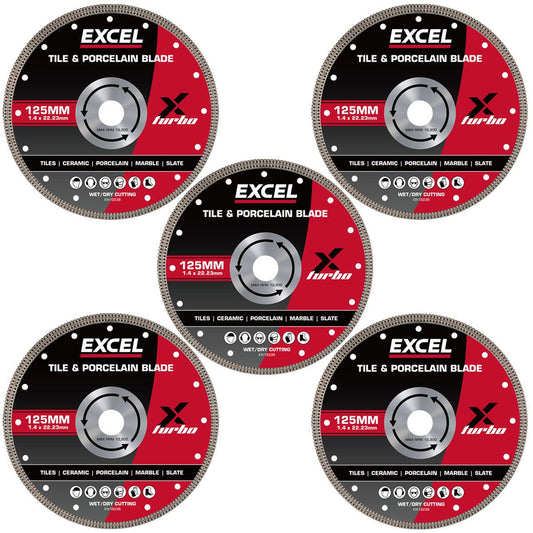 Excel 125mm Diamond Blade for Ceramic & Porcelain Wet & Dry Use Pack of 5
