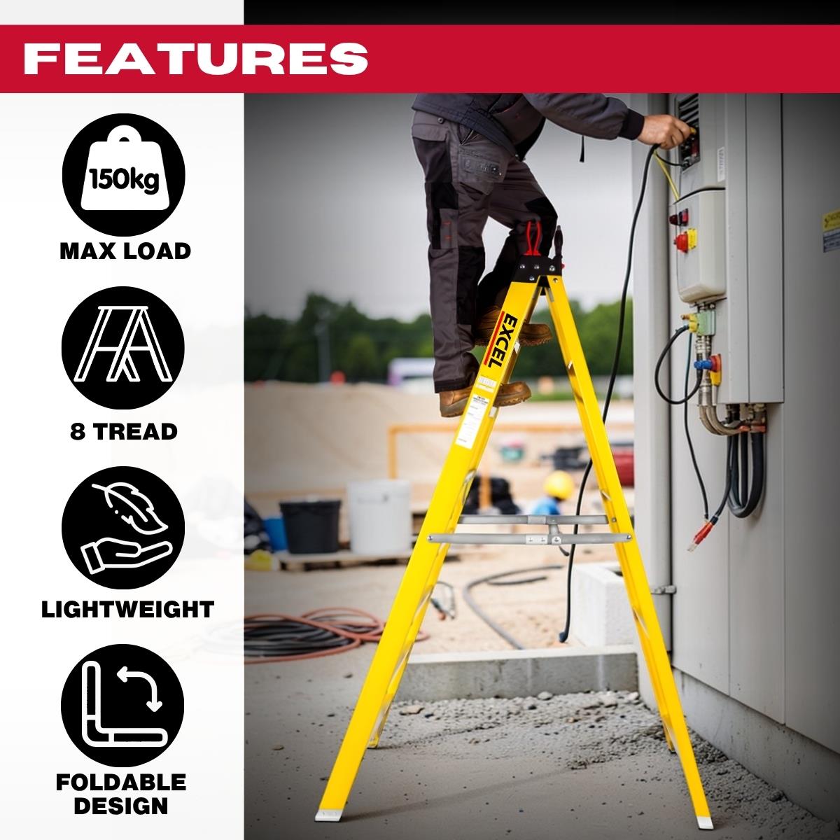 Excel Electricians Fibreglass Step Ladder 8 Tread 1.91m Heavy Duty